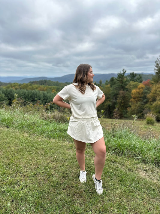 Cropped Tee and Ruffle High Waist Skort Set - Cream color