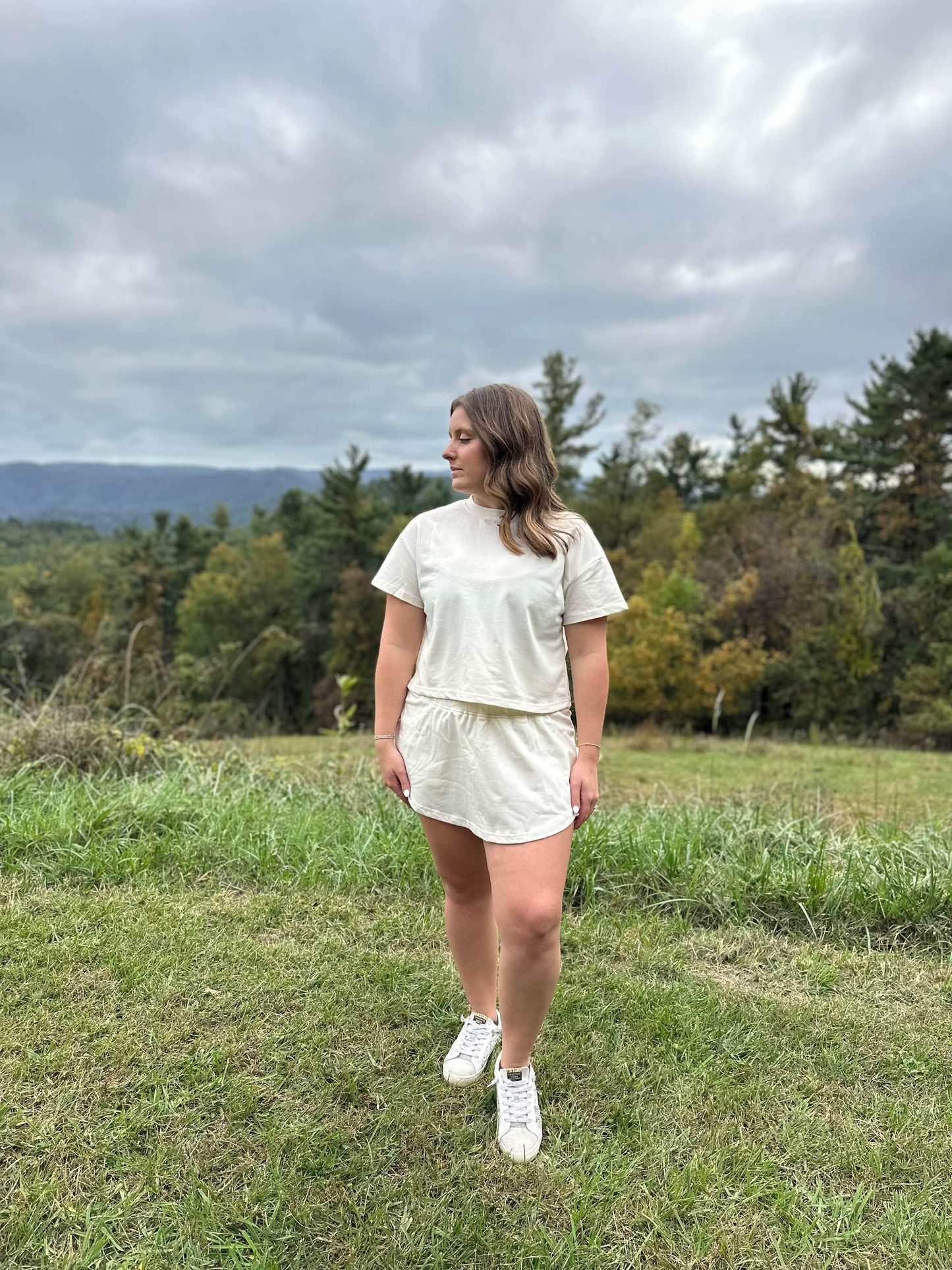 Cropped Tee and Ruffle High Waist Skort Set - Cream color